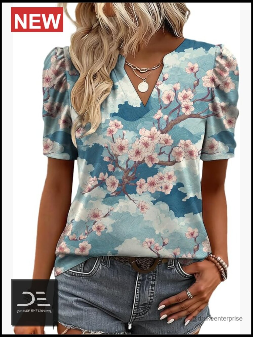 Polyester V-Neck Blouse with Puff Sleeves Loose Fit